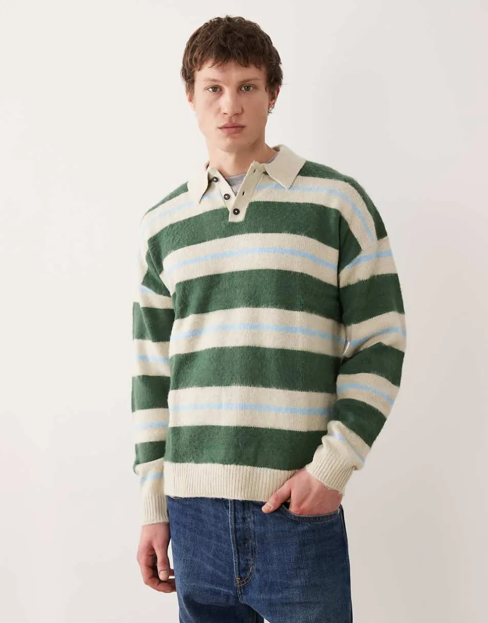 ASOS DESIGN relaxed knitted polo jumper in blue and green stripe