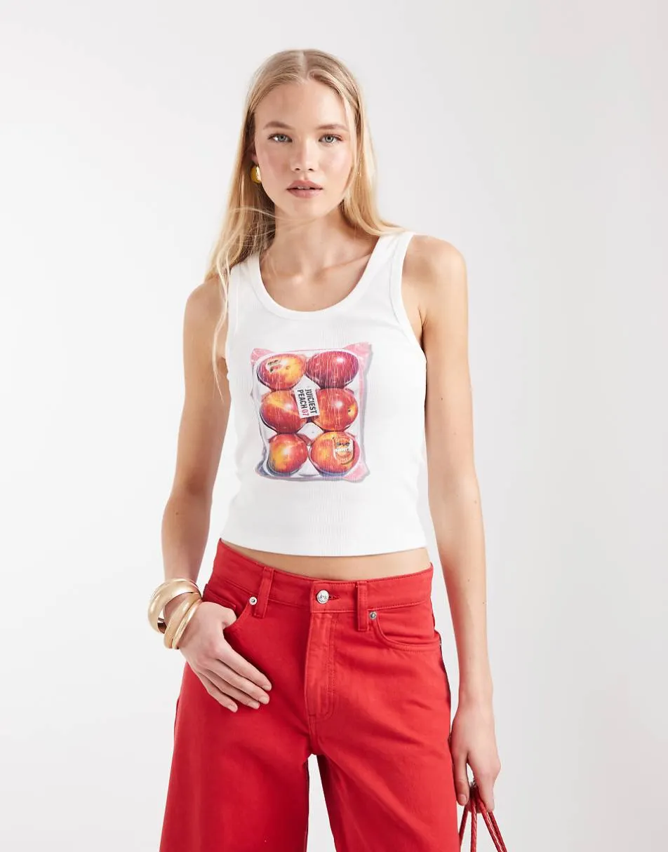 ASOS DESIGN Ribbed vest with peaches graphic in white
