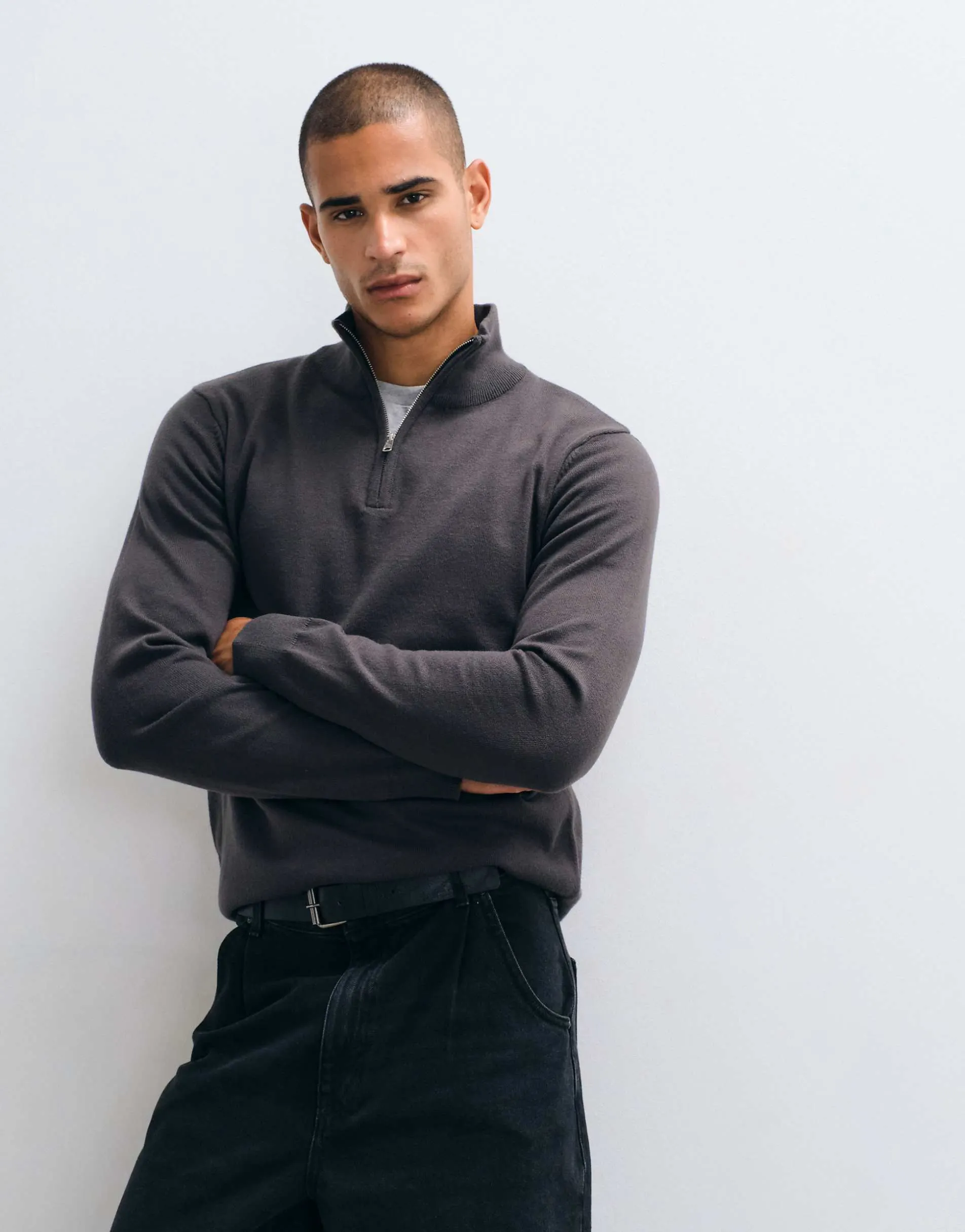 Threadbare knitted quarter zip jumper in charcoal