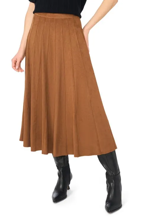 Panelled Pintuck Faux Suede Midi Skirt