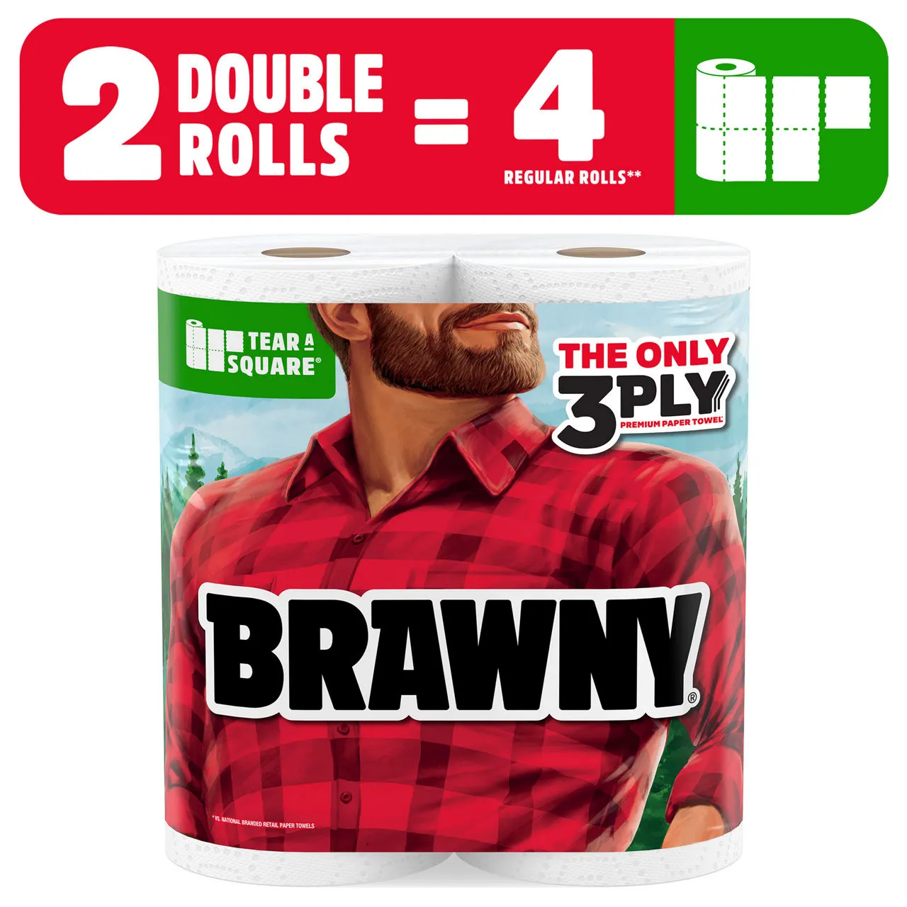 BRAWNY TEAR-A-SQUARE PAPER TOWELS, 2 DOUBLE ROLLS
