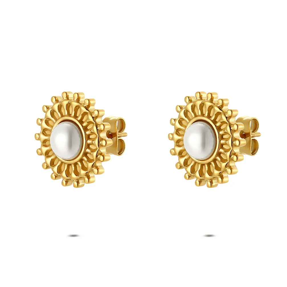 Oorbellen in edelstaal, zonvorm met parel