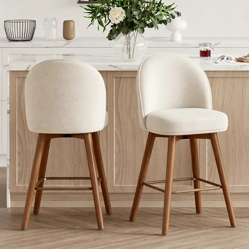 Modern Swivel Bar Stools Set of 2, Chic Upholstered Counter Height(26IN) Bar Chair with Back, Solid Wood Legs and Footrest, Comfortable Chenille Bar Stool for Kitchen Island, Cream White