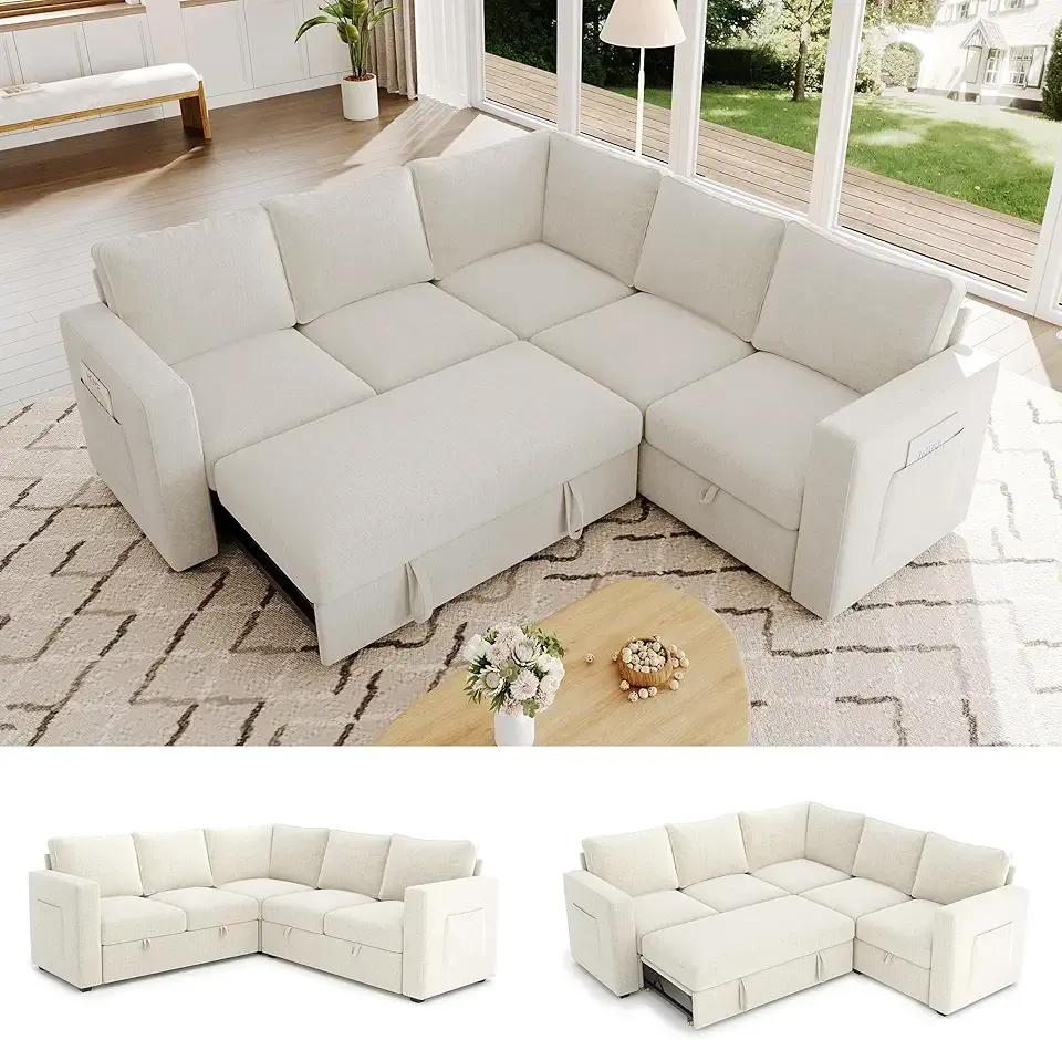 83.5" Sectional Sleeper Sofa with Pull Out Couch, Modern 5 Seat L Shaped Modular Couch, Sectionals Modular Sofa with Storage, Comfy Sectional Couches for Living Room & Apartment, Beige