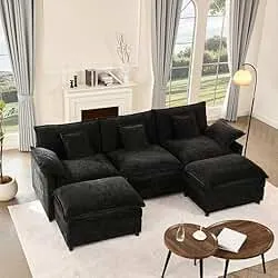 GOSUHI 108" U Shaped Couch, Modular Sectional Sofa, 3-Seater Comfy Cloud Couch with Movable Ottoman, Deep Seat Couches for Living Room, Chenille, Black