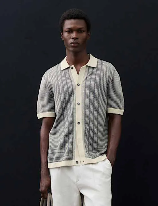 Gestricktes Poloshirt aus reiner Baumwolle mit durchgehender Knopfleiste