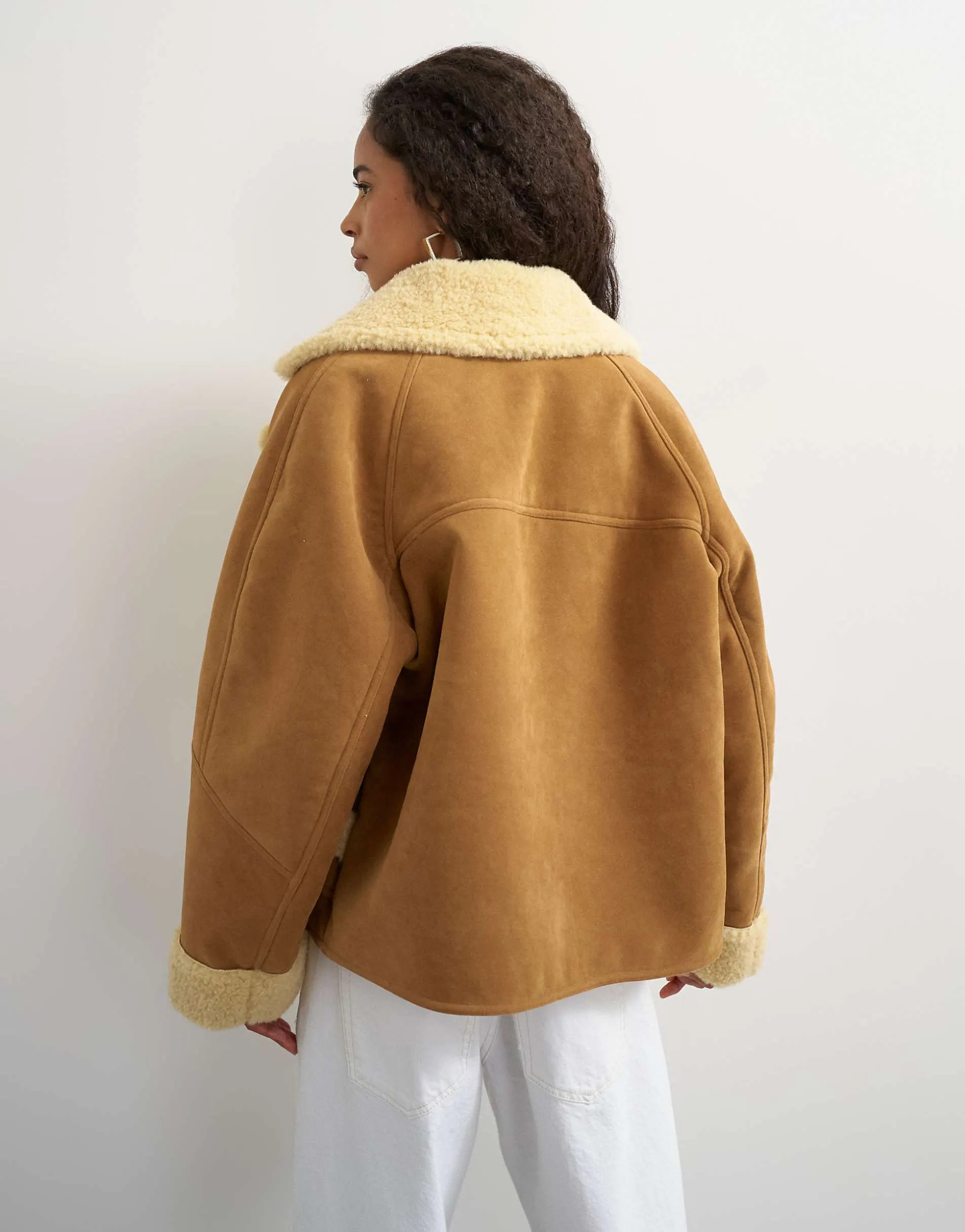 Topshop faux shearling short jacket in beige