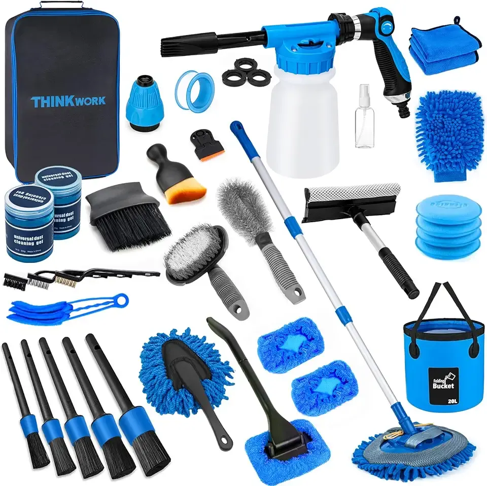 THINKWORK Car Wash Kit, Car Detailing Kit with Foam Gun, Car Wash Brush Mop and Large Folding Bucket Suitable for Car Cleaning, Blue Car Wash Set Gift for Men and Women