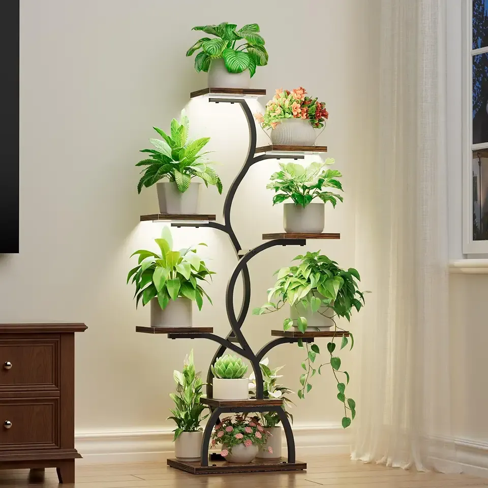 Plant Stand Indoor with Grow Light - 8 Tiered Plant Shelf Indoor, Corner Plant Stand, 49" Tall Plant Shelf with Lights for Indoor Growing, Lighted Flower Holder for Living Room, Balcony, Black
