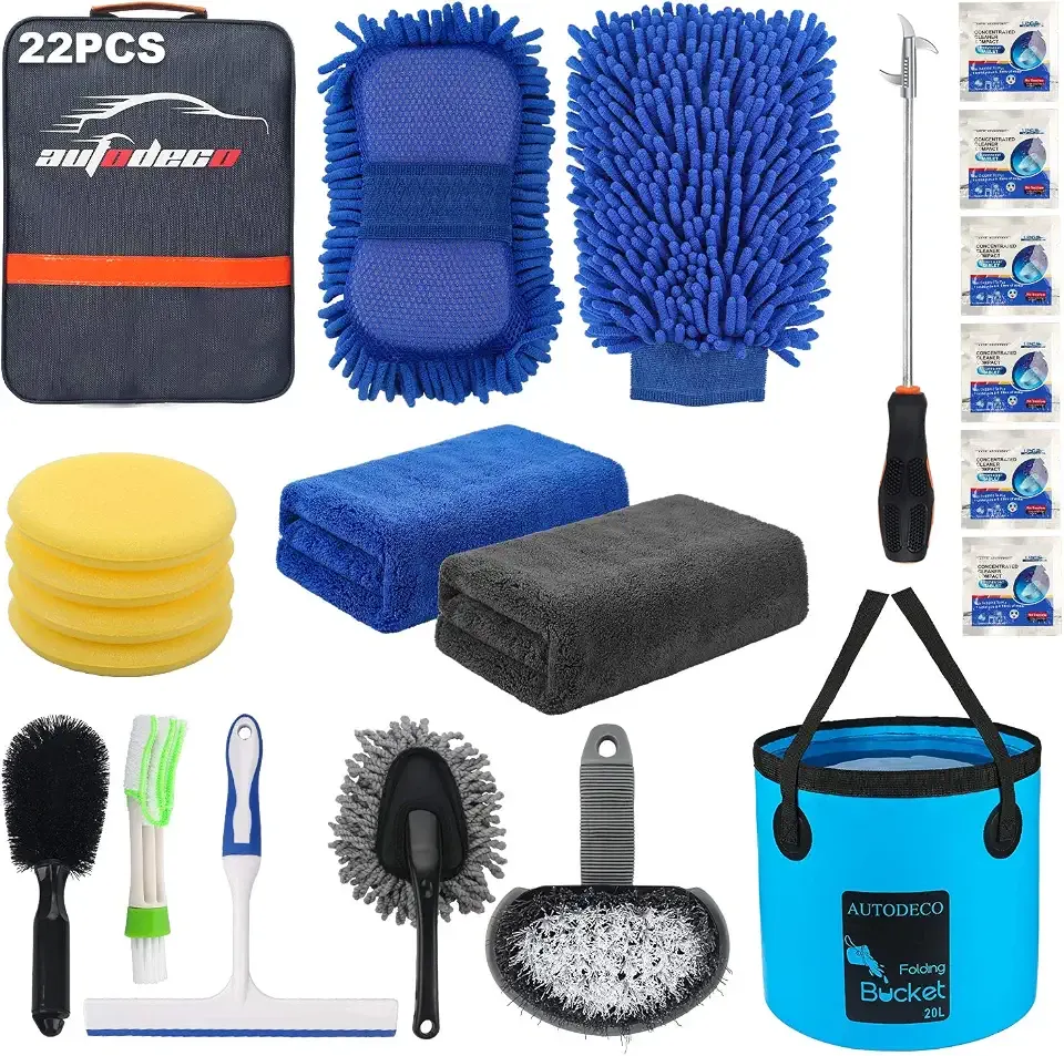 22Pcs Car Wash Cleaning Tools Kit Car Detailing Set with Blue Canvas Bag Collapsible Bucket Wash Mitt Sponge Towels Tire Brush Window Scraper Duster Complete Interior Car Care Kit