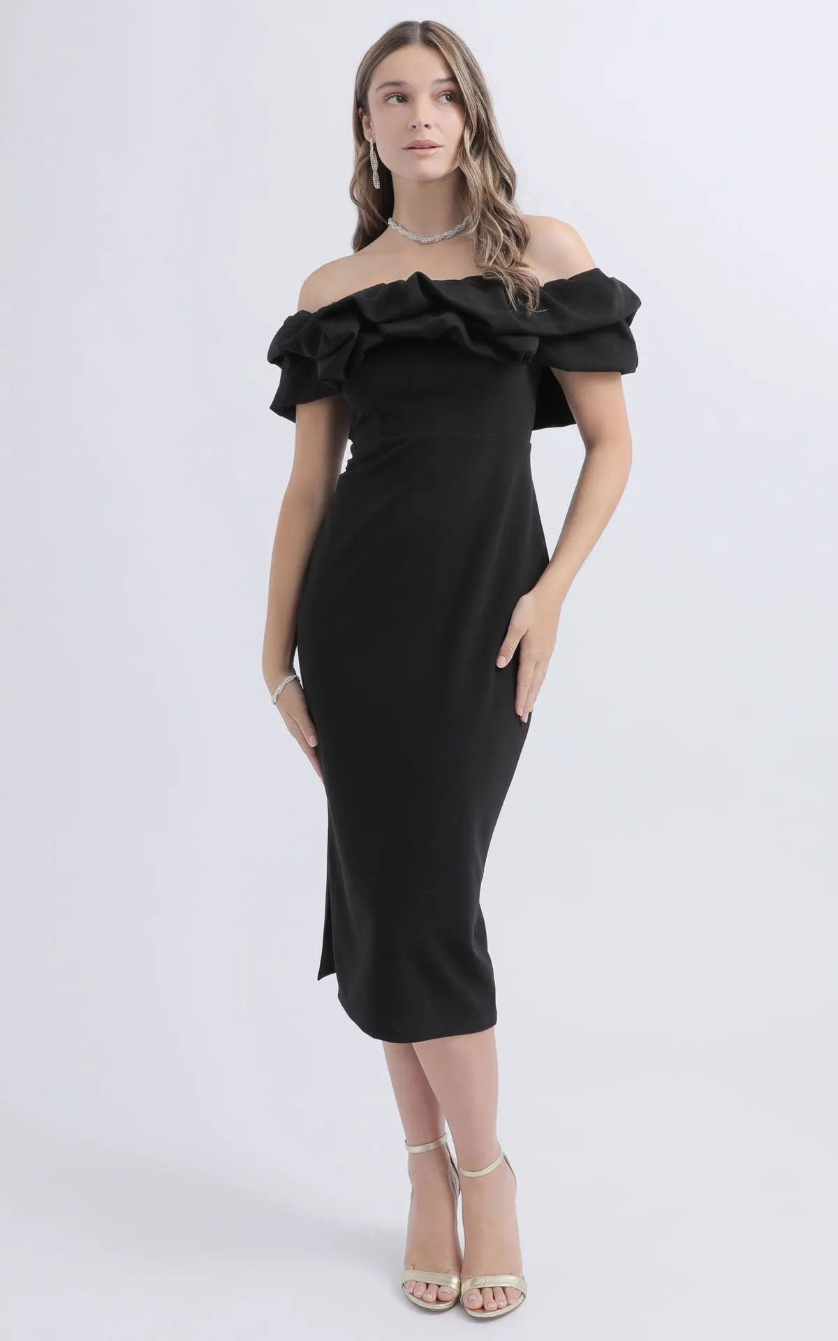 Ruched Frill Bardot Midi Dress