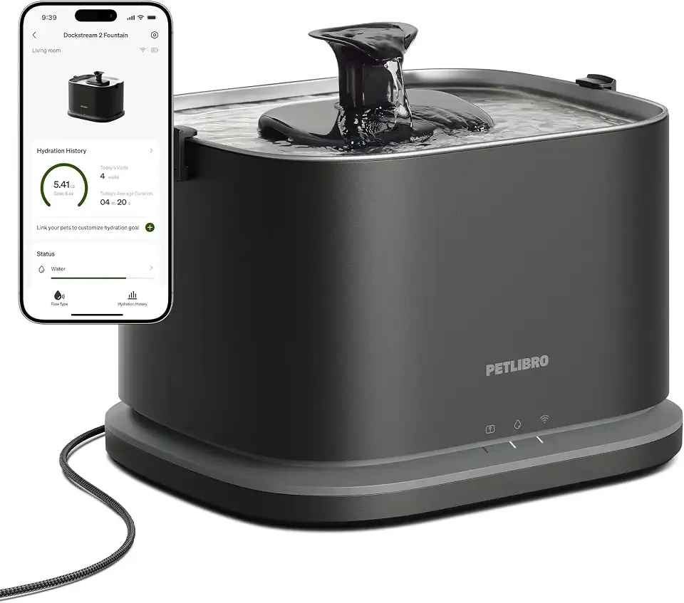 PETLIBRO Upgrade Cat Water Fountain Stainless Steel Tray, Dockstream 2 Cat Fountain Indoor, 3L/101oz Auto Cat Fountains for Drinking, App Monitoring Pet Water Fountain Dog, 5G WiFi Cat Water Dispenser