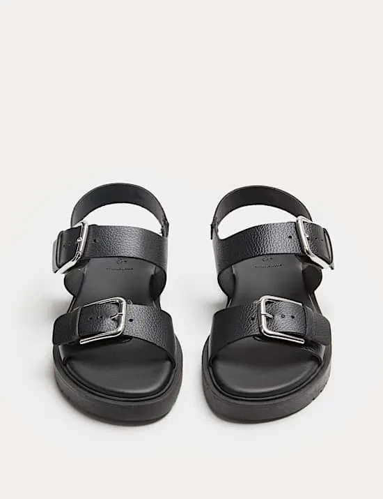 Leather Buckle Ankle Strap Flatform Sandals