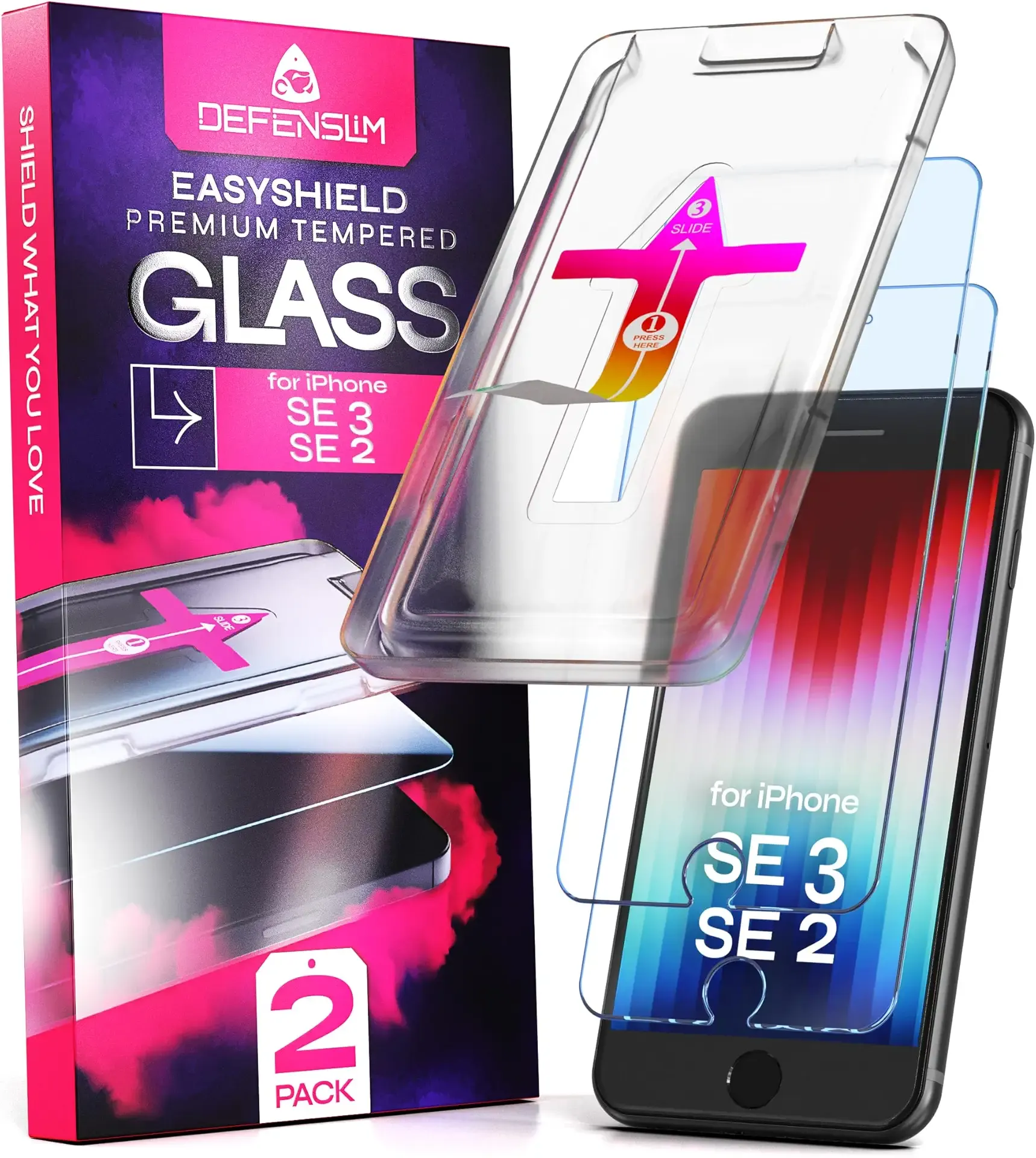 Defenslim Screen Protector for iPhone SE 3 / SE 2 (2Pack), Easy Auto-Align Install Kit, 4.7" Tempered Glass, 9H Hardness, Ultra HD Clear, Case Friendly, EasyShield