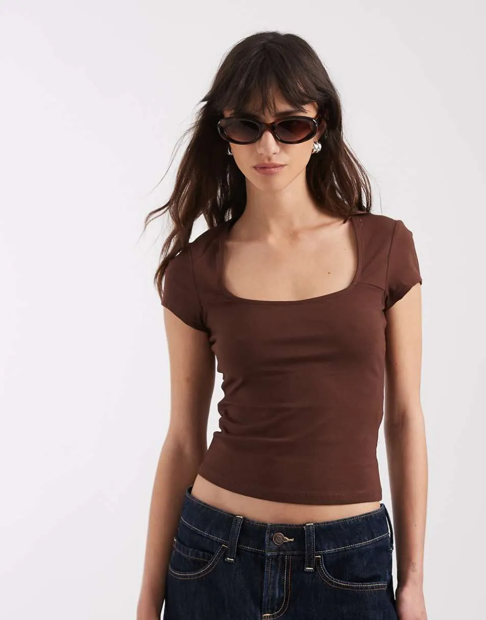 ASOS DESIGN cotton square neck cap sleeve top in chocolate