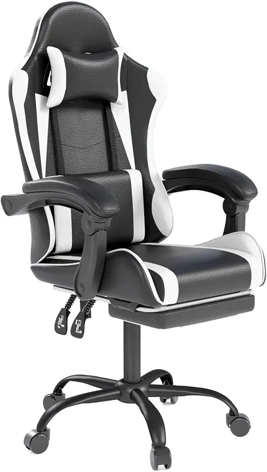 Gaming Chair with Headrest and Lumbar Support, Ergonomic High Back Office Chair, Racing Style Executive Computer Desk Chair, Leather Adjustable Swivel Task Chair for Home Office (White)
