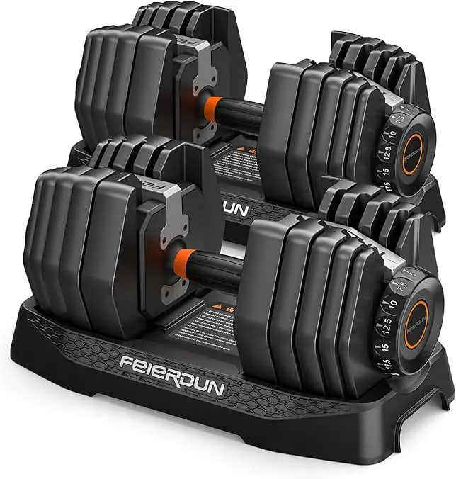 FEIERDUN DB1 QuickDial Adjustable Dumbbell Set, 15-in-1 Adjustable Weights with Storage Box & App, 105lb/52.5lb Quick Change for Drop Set, Superset & HIIT Home Gym, Non-Slip Handles, 3-year Aftersale Service
