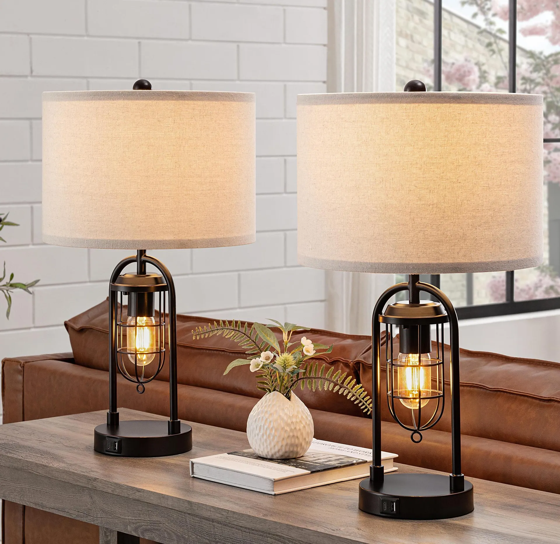 Ahmauri 21.5-in Blackened Bronze LED 4-way Table Lamp with Linen Shade 2 -Set