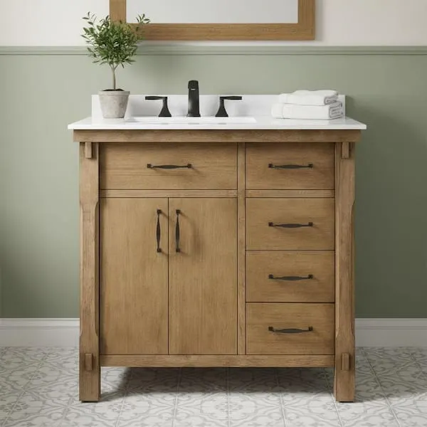 Home Decorators Collection Bellington 36 in.​ Single Sink Almond Toffee Bath Vanity with White Engineered Stone Top (Assembled)​