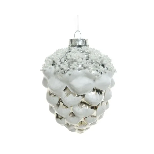 Decoris kerstbal dennappel glas zilver wit kralen