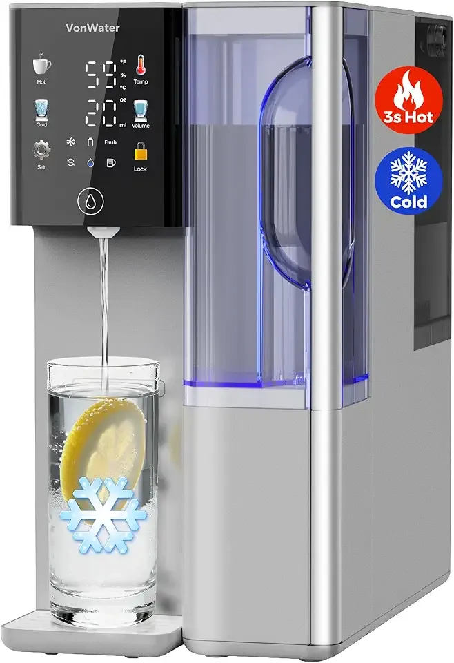 VonWater C5 Countertop Reverse Osmosis Water Filter, Hot and Cold RO System-3s Instant Hot, 6 Temp Settings 7-Stage RO Filtration Dispenser, NSF/ANSI372/42/58, Portable Pitcher, 3:1 Pure to Drain