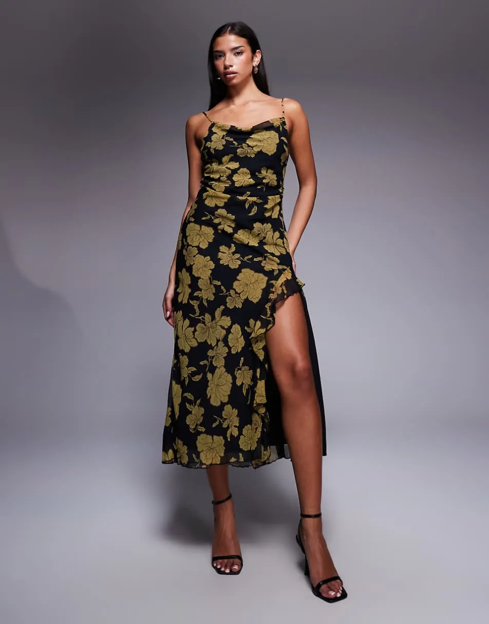 New Look floral cowl neck midi dress in black