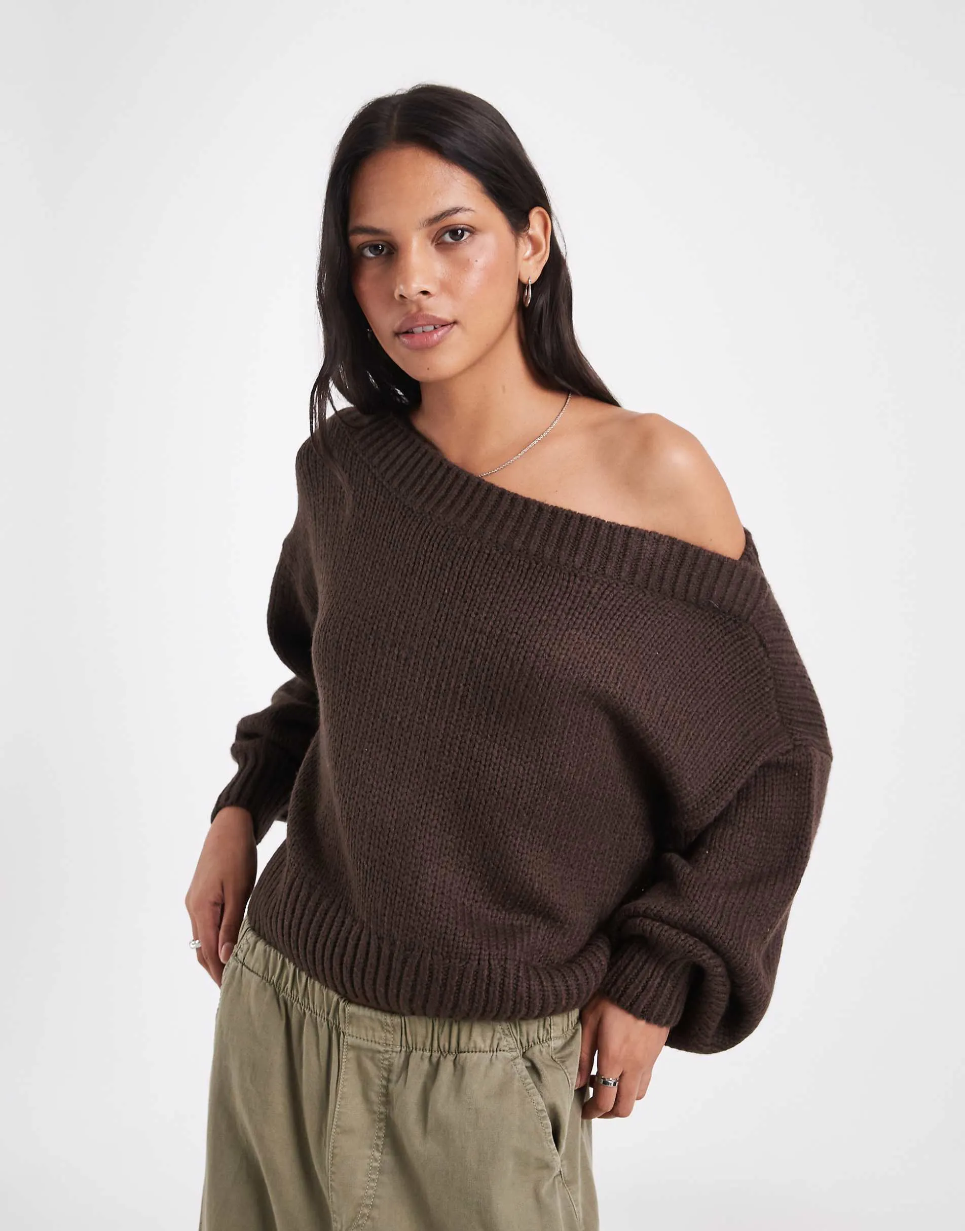 Hollister knitted off shoulder jumper in brown