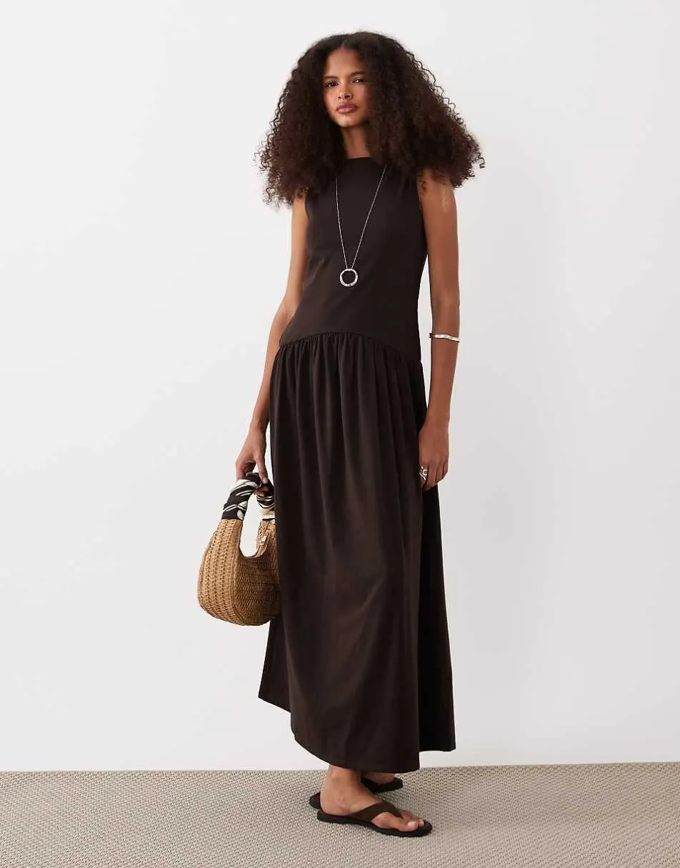 ASOS DESIGN rib mix midi dress with drop waist in chocolate