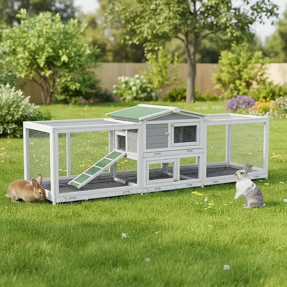 AECOJOY 94.5'' Rabbit Hutch Outdoor, Large Wood Bunny Cage Indoor with Cleaning Tray & Waterproof Roof for Small and Medium Bunny Rabbit Duck Chick, Easy to Assemble, 8 Wheels