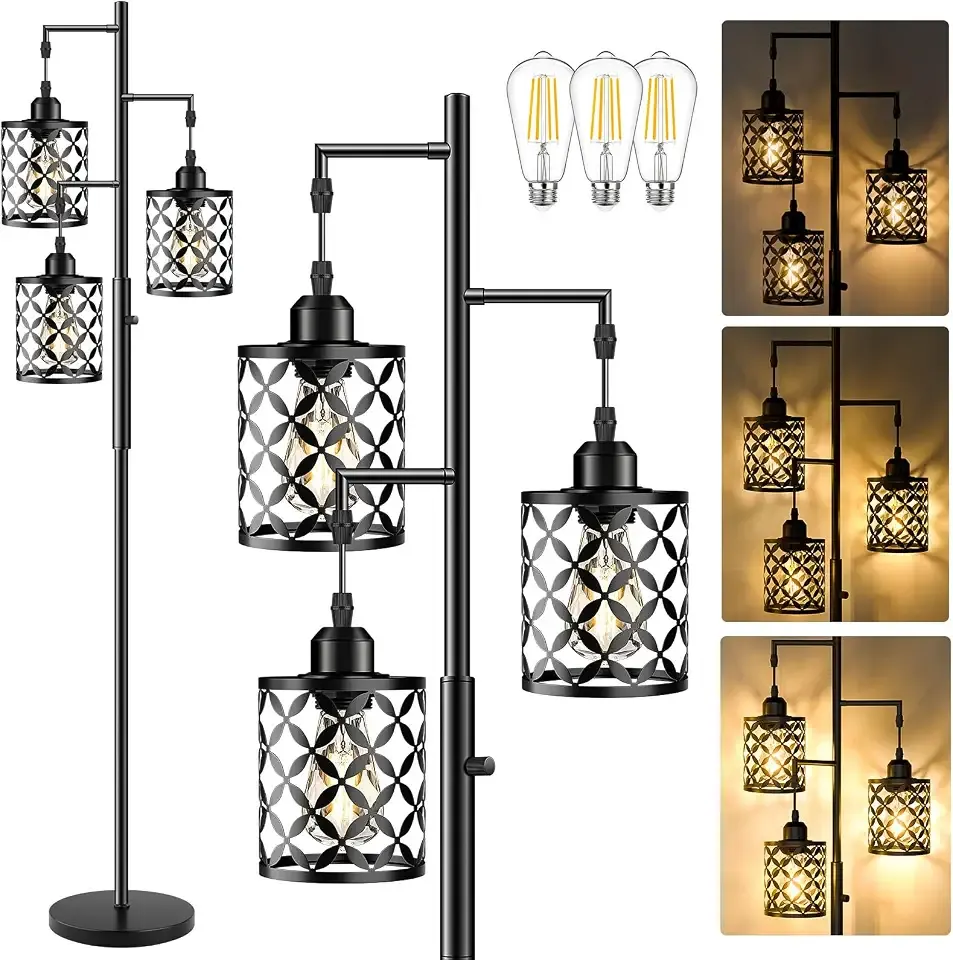 68" Industrial Tree Floor Lamp, Dimmable Farmhouse Tall Stand Light with Metal Cages & Rotary Dimmer Knob, Corner Decor Lighting for Living Room Bedroom Cafe, 3 x 800LM Bulbs Included-Black