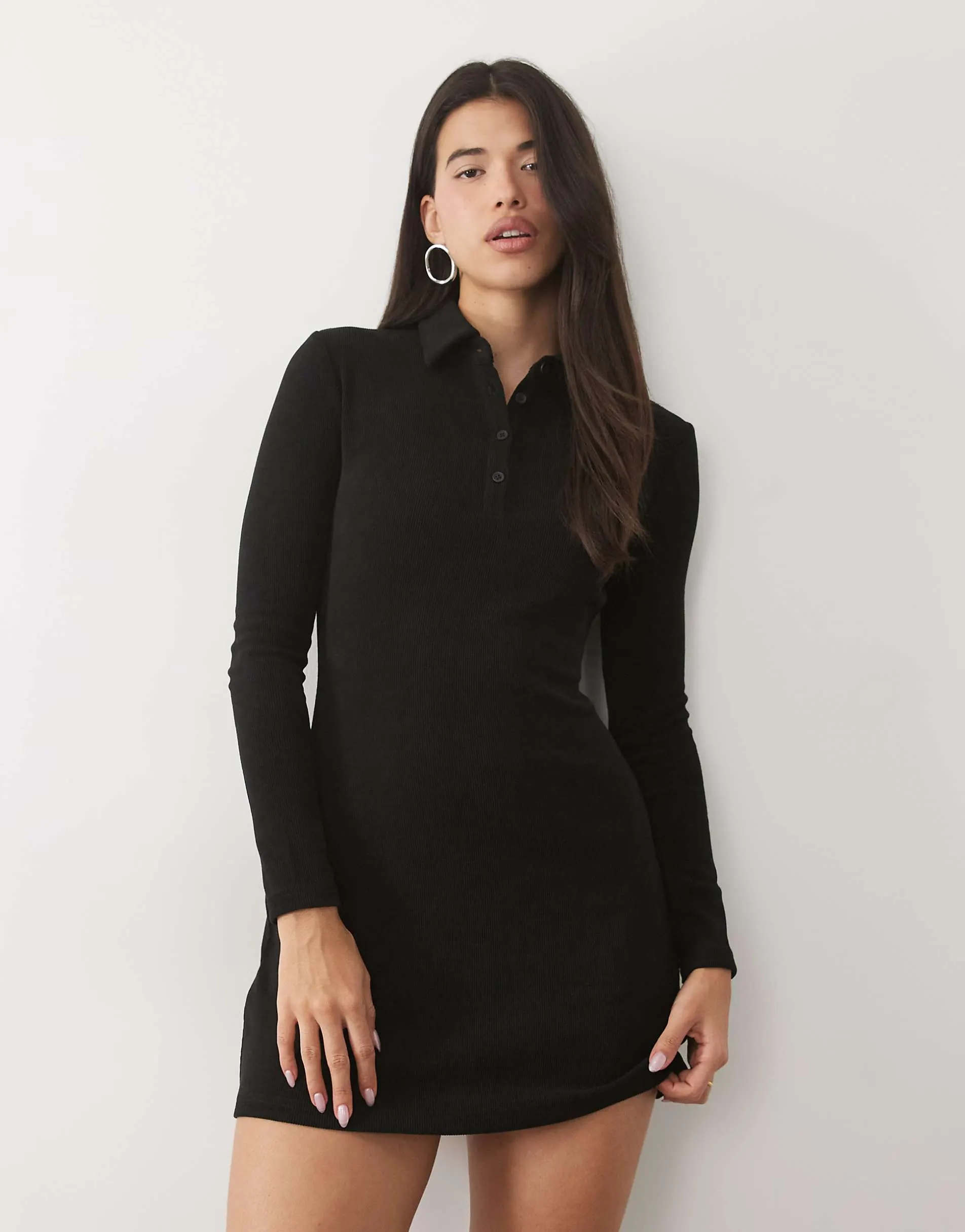 ASOS DESIGN soft cord long sleeve polo mini dress in black