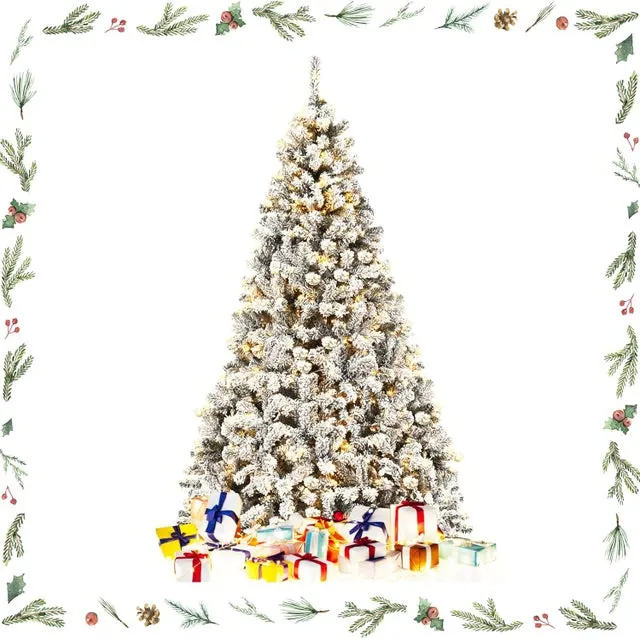 225 cm Árbol de Navidad Flocado con 450 Luces LED, 1010 ramas de PVC ignífugo con apertura automática, base de metal, blanco