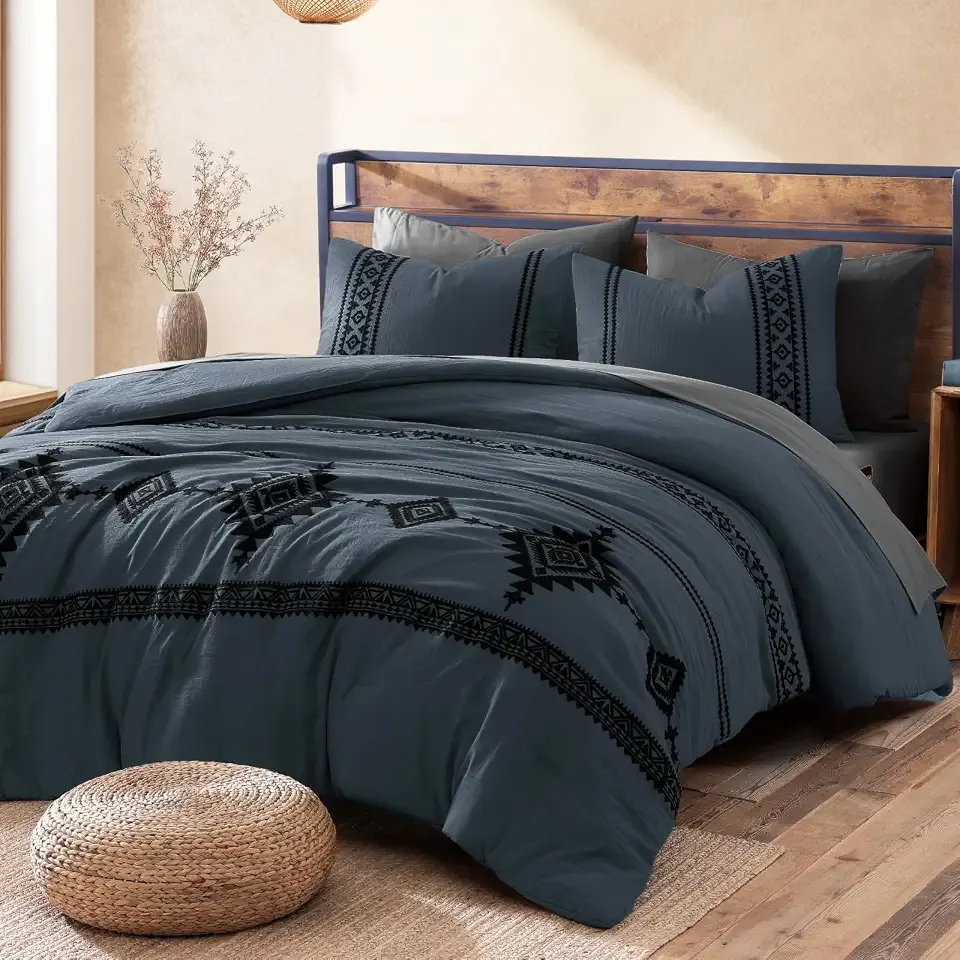 MaiRêve Embroidery Queen Comforter Set 7 Pieces Blue Grey Bed in a Bag | Western Boho Farmhouse Bedding Sets with Comforter, Sheets, Pillowcases & Shams