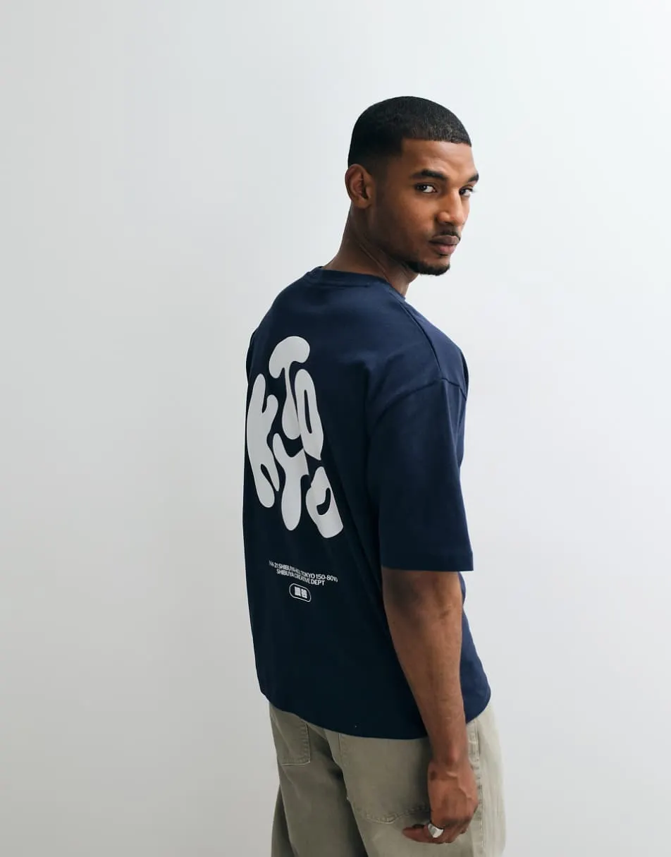 ASOS DESIGN oversized t-shirt with Kyoto bubble text print in navy