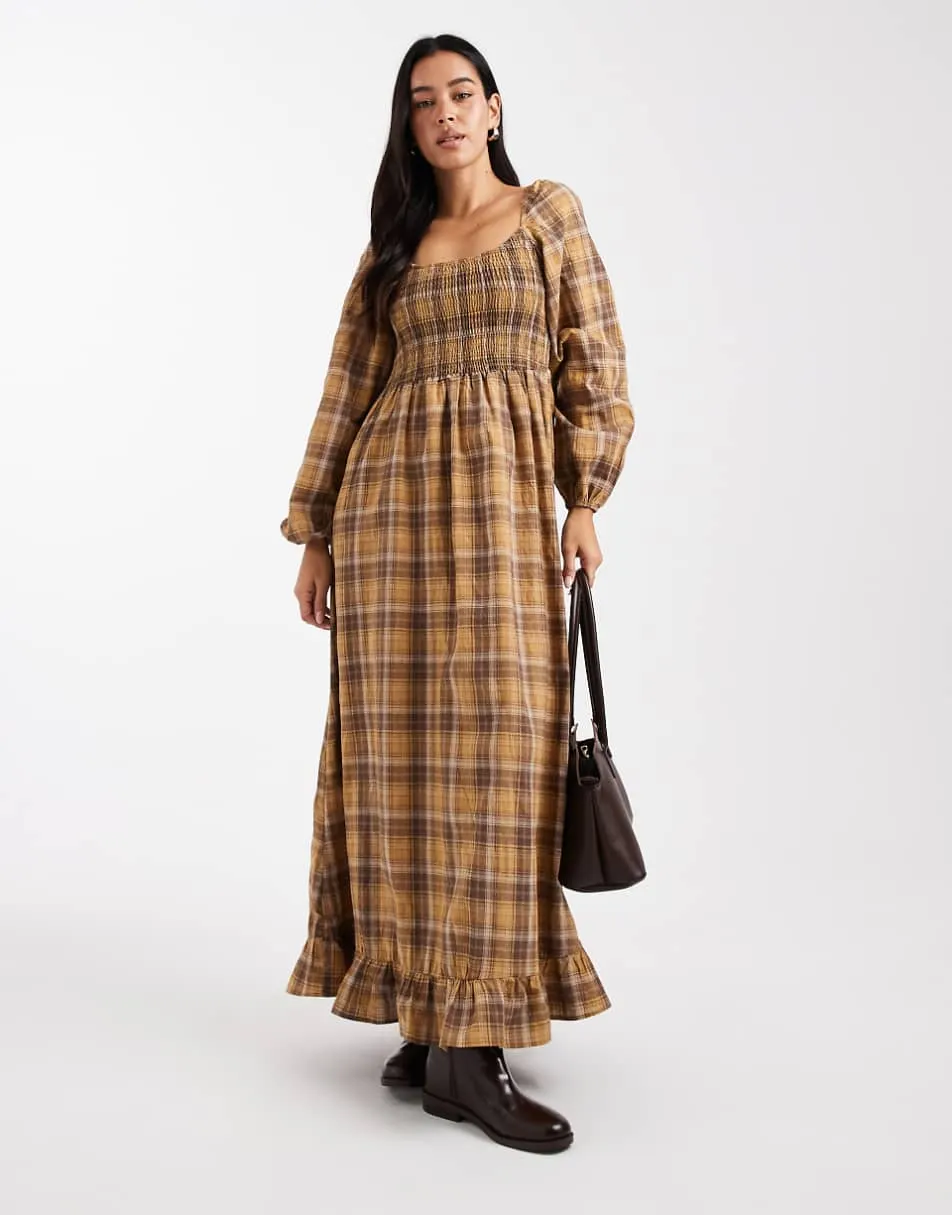 Daisy Street puff sleeve shirred bodice maxi dress in mustard brown check