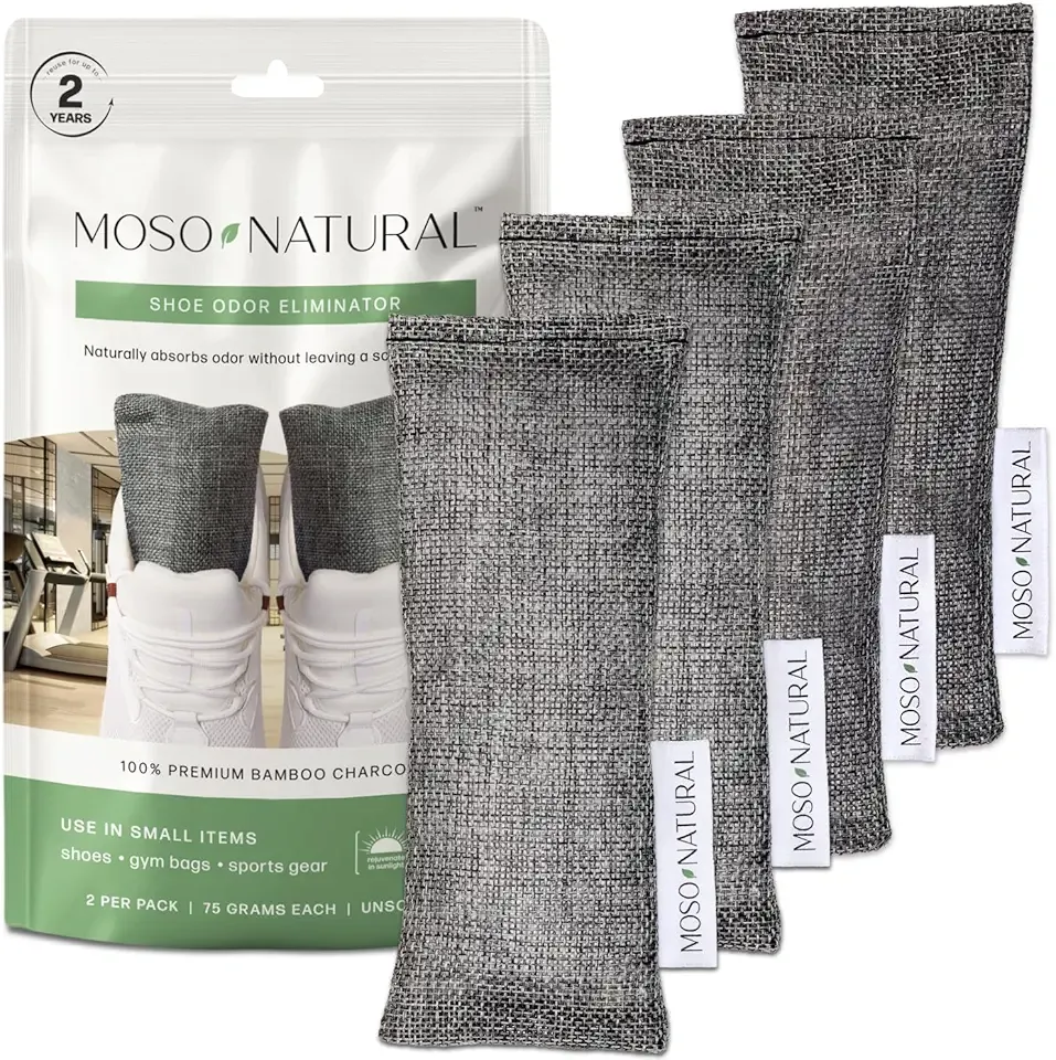 Moso Natural Shoe Deodorizer Inserts, Charcoal Odor Absorber for Shoes, Gym Bag & Boot Deodorizer, Long-Lasting Shoe Odor Elimination, Unscented Air Purifying Bags (Two Per Pack. 4 Total)