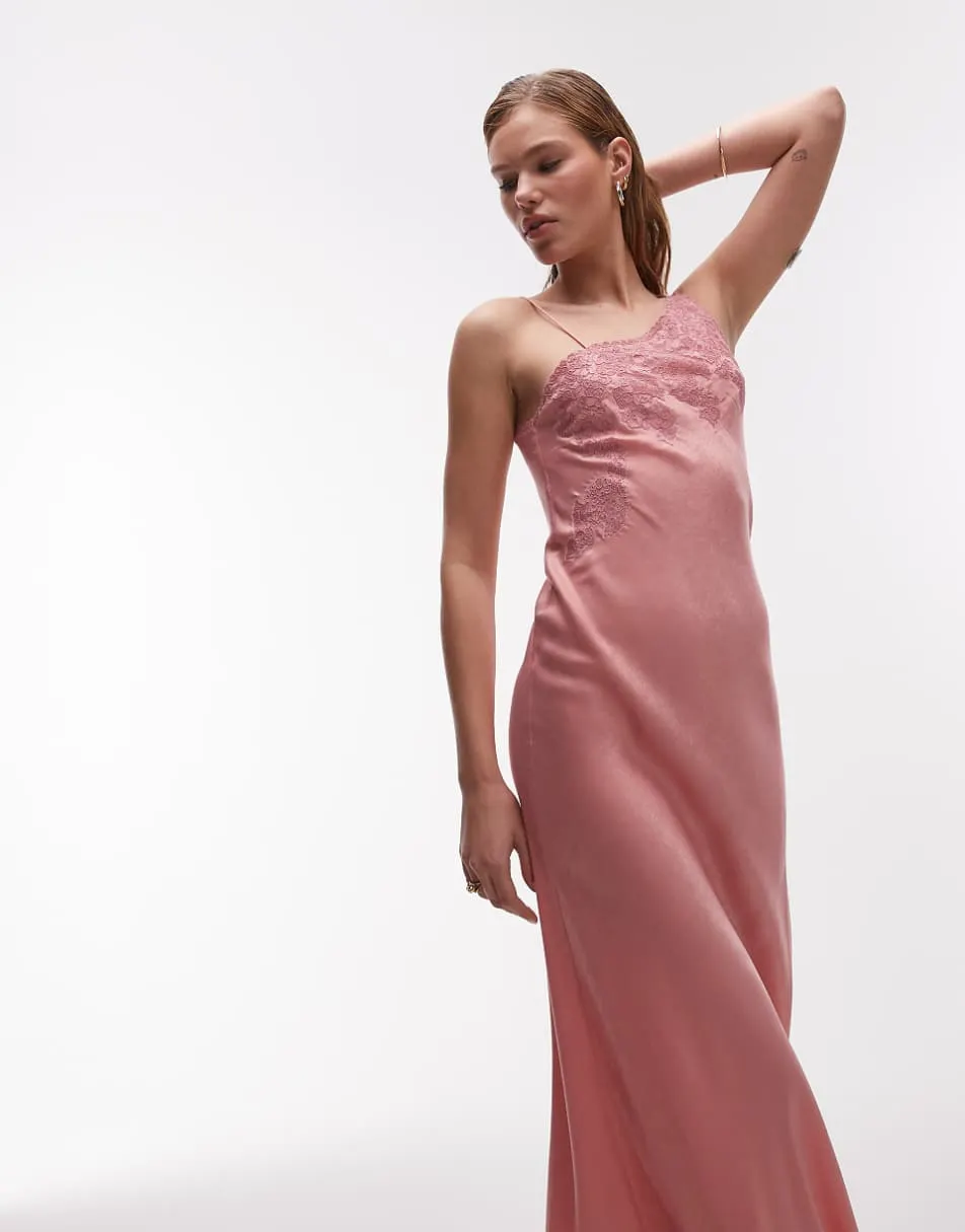 Topshop one shoulder cutwork lace detail maxi dress in pink