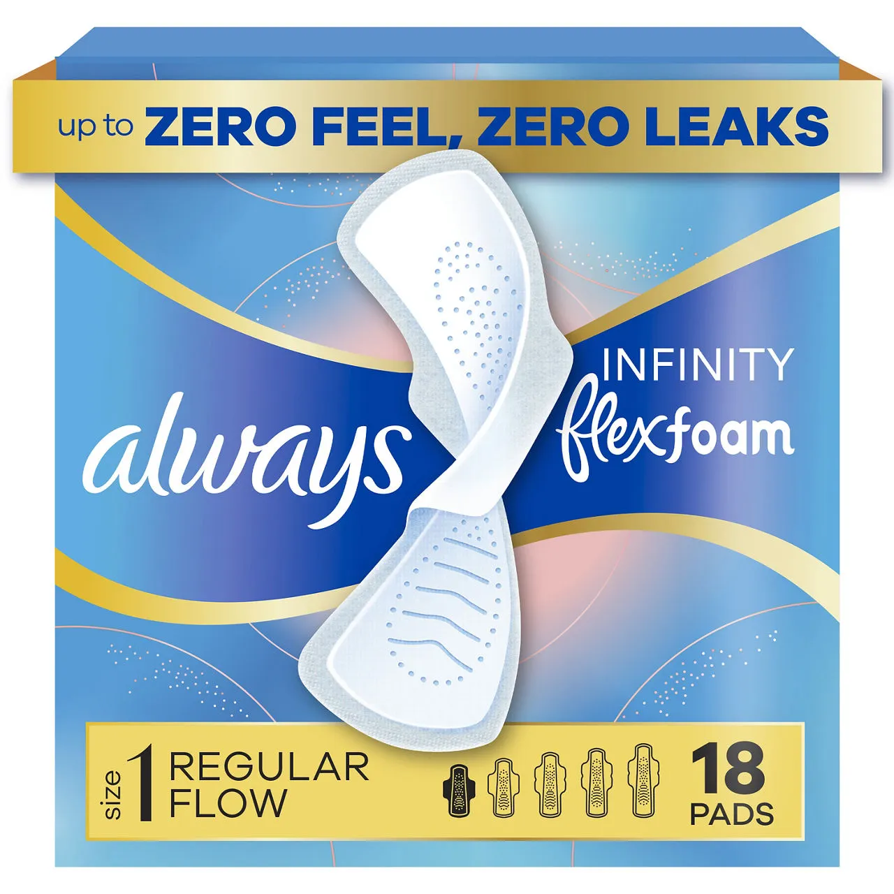 Always Infinity FlexFoam Pads for Women, Size 1, Regular Pad with Wings, Unscented, 18 Count