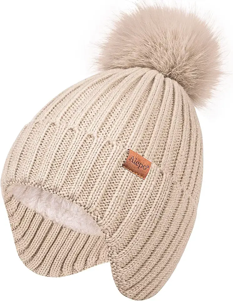 Womens Winter Hat with Ear Flaps, Warm Fleece Lined Pom Pom Beanie