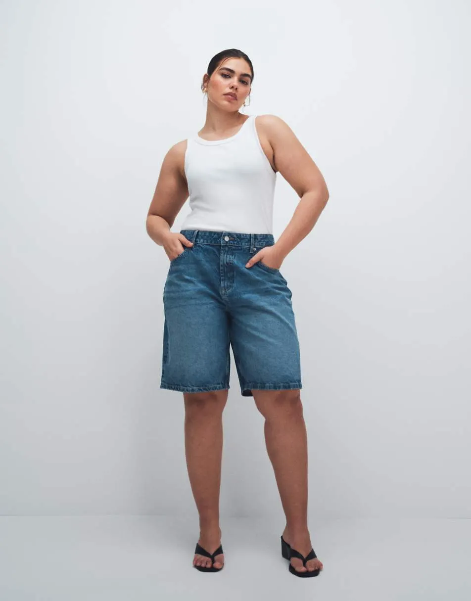 ASOS DESIGN Curve denim bermuda short in mid blue