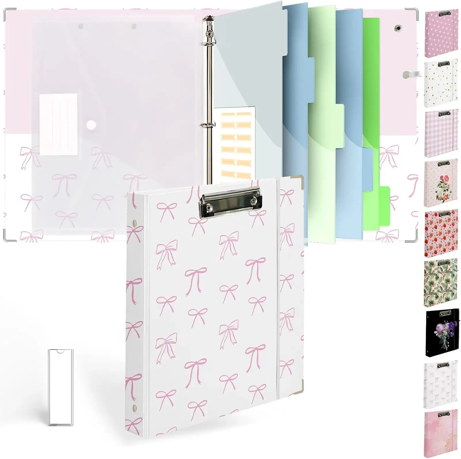 3 Ring Binder 1 inch with Clipboard - White & Pink Bow Design, Includes Dividers, File Bag & Spine Label - Classic and Elegant for School or Work, Holographic Waterproof Film