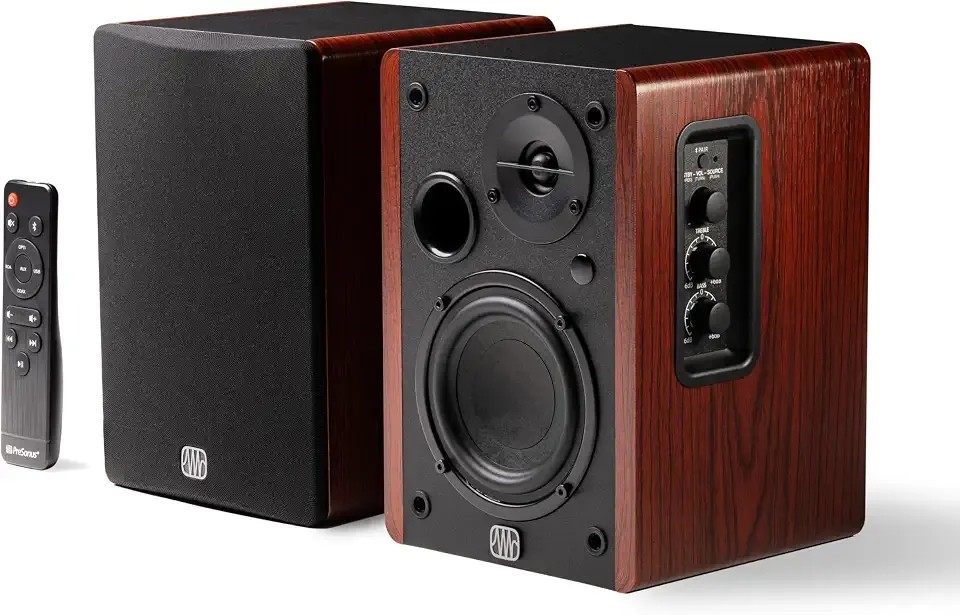 PreSonus Eris Accent BT — 60W Powered Bluetooth Bookshelf Speakers (Pair) | Wireless Studio Monitors for Turntable,TV,Desktop,Gaming,4” Woofer,Silk Tweeter,USB-C,Optical,Coaxial,RCA,Remote,Wood Grain