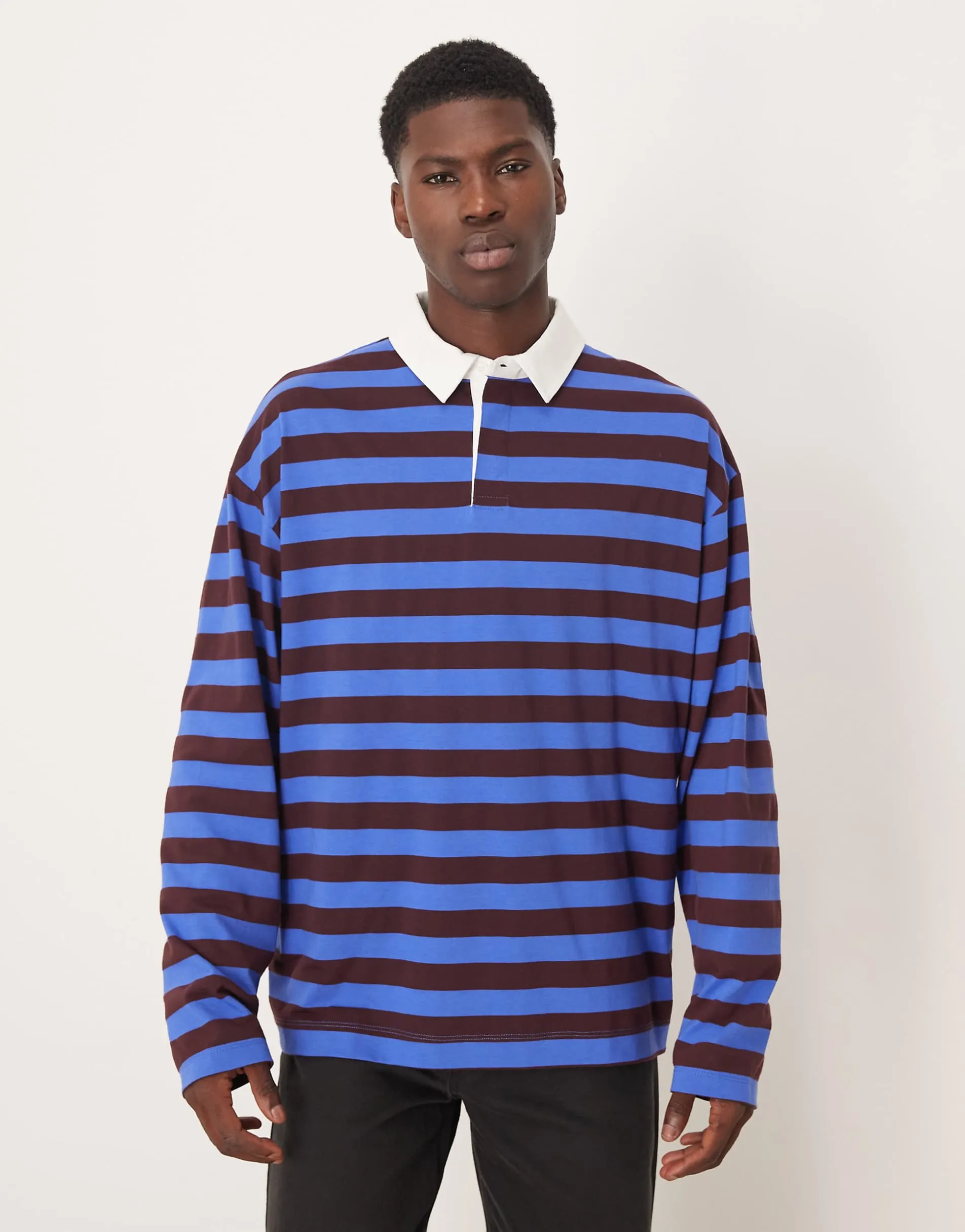 ASOS DESIGN heavyweight oversized long sleeve rugby polo in blue and brown stripe