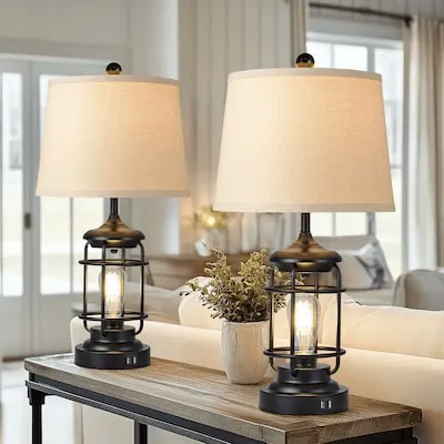 28-in Bronze LED 3-way Table Lamp with Fabric Shade 2 -Set