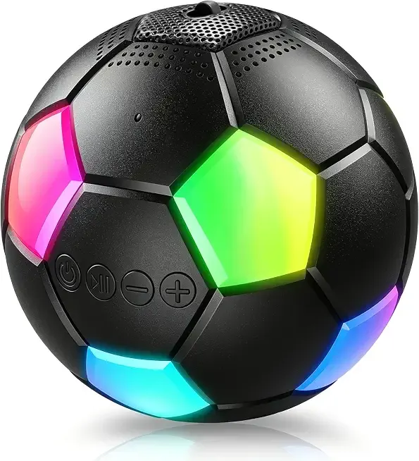 Soccer Ball Shaped Speaker, Portable Wireless Speaker with LED Light, IPX6 Waterproof, 5W Stereo, TWS Pairing, Suitable for Outdoor Travel Speakers for Sports Fans - Black (Black)
