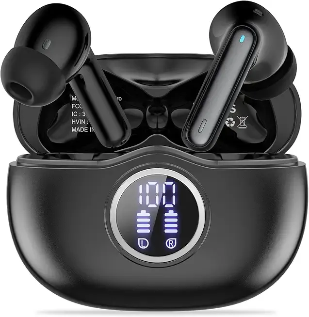 A10 Pro Wireless Earbuds Bluetooth 5.3 HiFi Stereo, 50H Playback LED Digital Display Earphones, ENC Noise Cancelling Mic, Ergonomic Sport Headphone Headset for Gym/Running/Work-Black