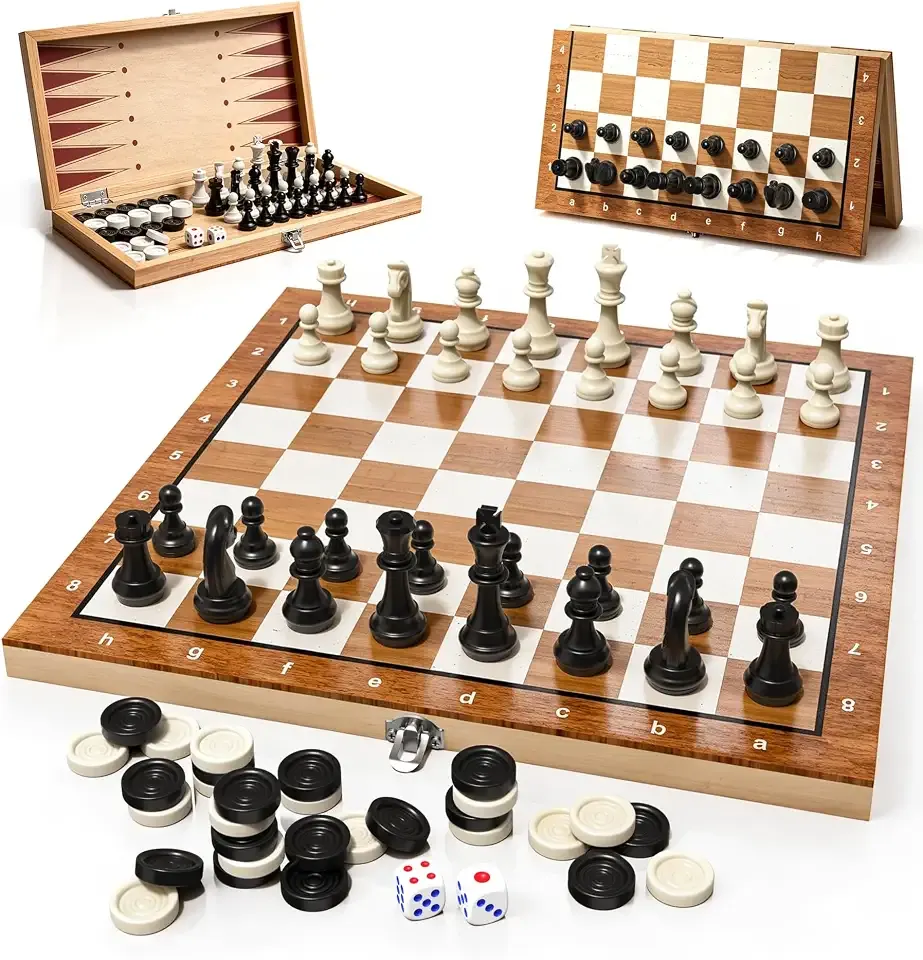 3-in-1 Wooden Magnetic Chess, Checkers & Backgammon Set, 11.5" Chess Board