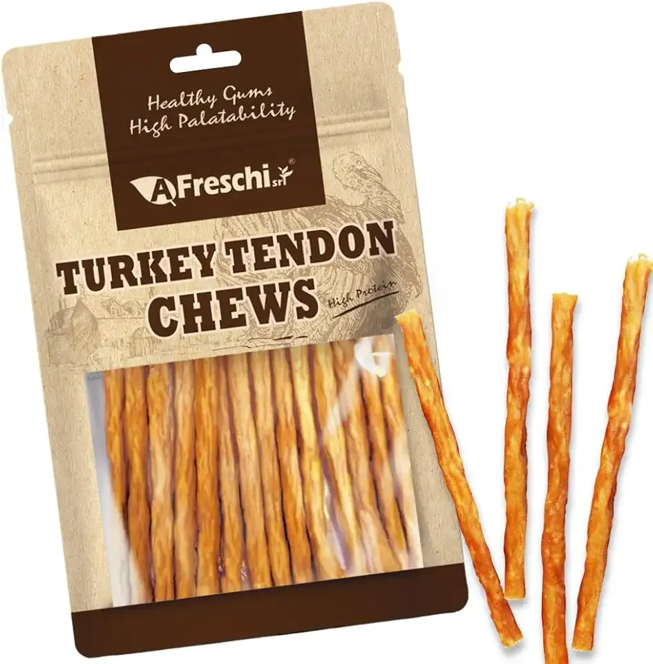 AFreschi Turkey Tendons for Dogs, USA-Sourced, Healthy Dog Treats, Rawhide-Free Puppy Chews, All Natural, Hypoallergenic Dog Treats, Classic Series, Thin Sticks, 3.5 oz Pack
