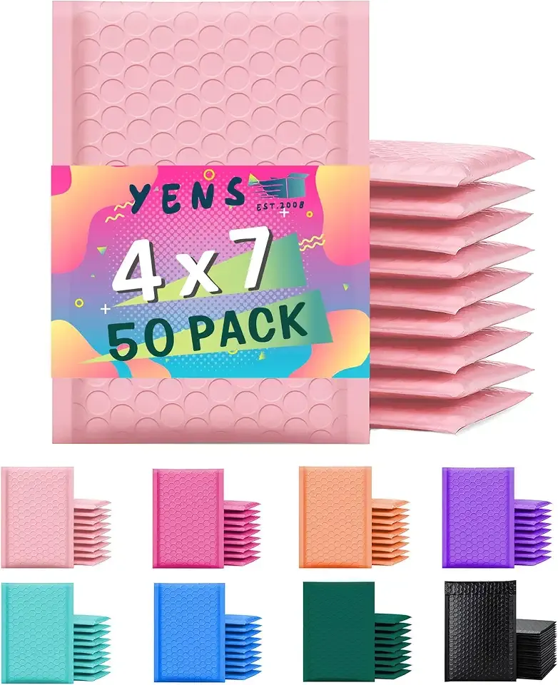 Yens Light Pink Poly Bubble Mailers 4x8 50 Pack Usable 4x7 | Waterproof Self Seal Adhesive Shipping Bags, Cushioning Padded Envelopes for Shipping, Mailing, Packaging