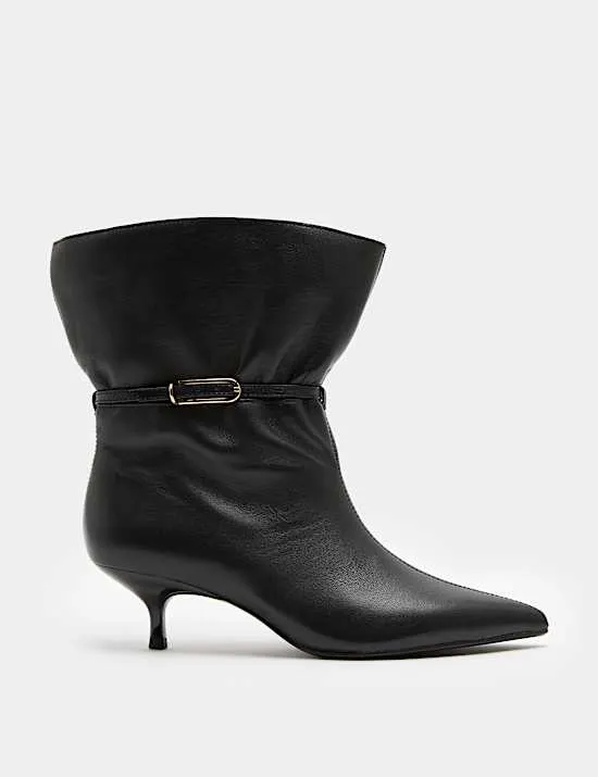 Leather Buckle Ruched Kitten Heel Boots